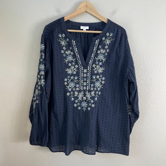 J Jill Womens XL Navy Embroidered Tunic Top Blouse Long Sleeve Floral Boho - Picture 8 of 12